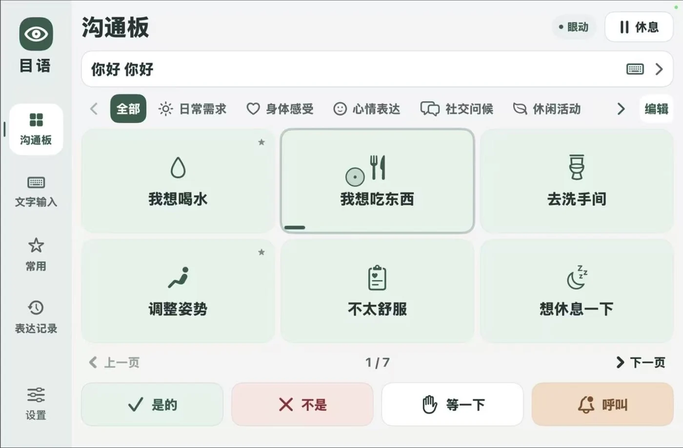 IntendReach communication board with eye-selectable daily needs